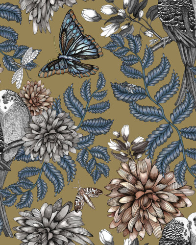 Lovebirds Gold - tapet floral cu fluturi