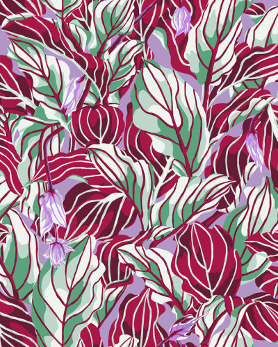 Tapet floral abstract cu frunze în tonuri de liliac, verde și roșu.