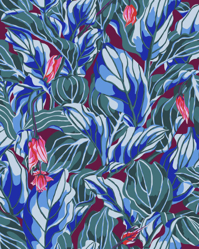 Tapet Stunner, Bordeaux, cu model floral tropical, frunze mari, verzi si albastre si flori roz.
