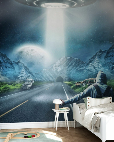 Fototapet cu tematica SF, UFO Fantasy, cu o farfurie zburatoare, o sosea misterioasa si o gaura neagra