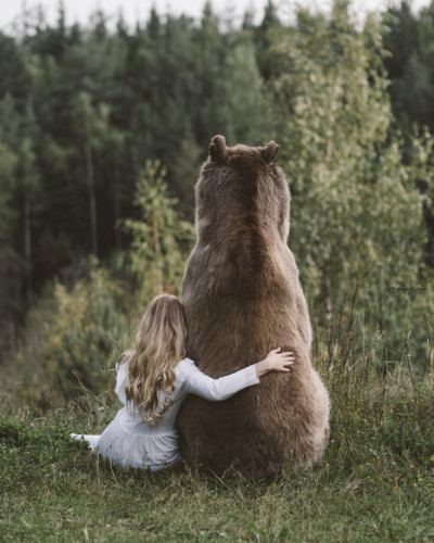 Tapet cu o fată îmbrățișând un urs în pădure.