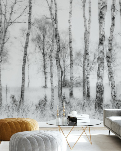 Imagine cu un Black and White Photowall în decorul unei camere de zi moderne, cu un canapea gri, o masă de cafea și două pufuri. Tapetul prezintă o imagine cu copaci în nuanțe de gri.
