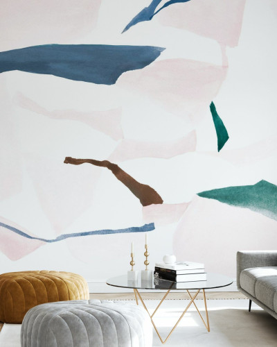 Tapet Fractal Chalcedony and Geode, design abstract cu nuanțe delicate de roz, albastru, maro și verde, în living
