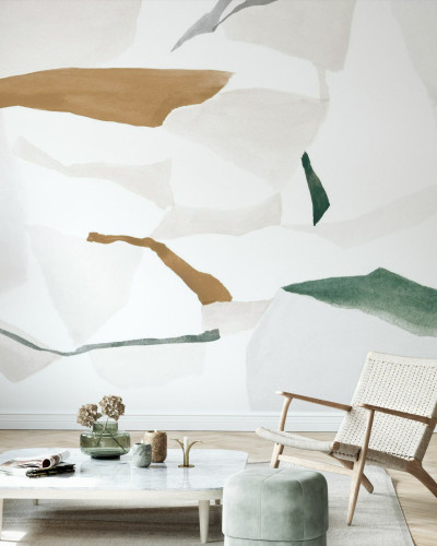 Tapet abstract modern Fractal Pale Green and Ochra cu un design geometric inspirat de natura.