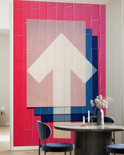 Wallpaper cu design geometric și vibrant, in nuanțe de roz, albastru și alb