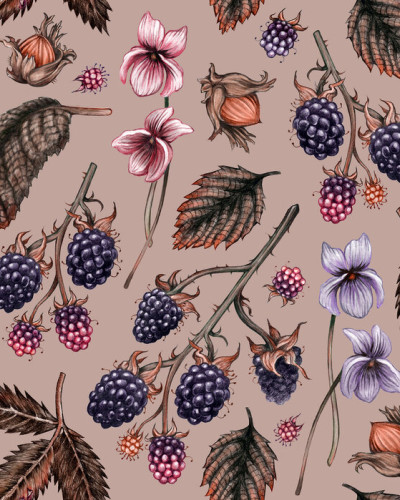 Tapet vintage Bramble Hill cu model floral si fructe de padure