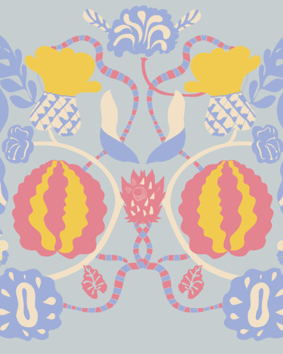 Tapet floral abstract In Bloom Blue cu tonuri pastelate de albastru, galben și roz