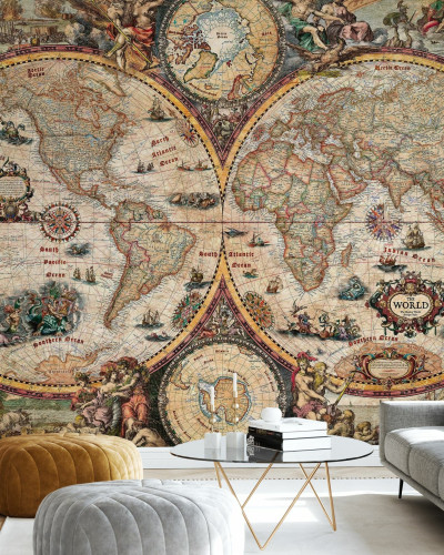 Tapet vintage cu harta lumii, decorat in stil clasic, perfect pentru a adauga un accent de personalitate casei tale.
