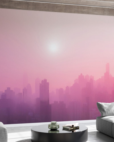 Tapet cu design modern Pink Sky, cu imagine a unui oraș din ceata, într-o nuanță de roz vibrant, ideal pentru o cameră modernă sau minimalistă.