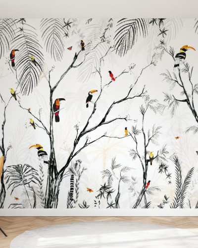 Tapet tropical cu design elegant, cu tușe fine de negru pe fond alb, reprezentând o pădure tropicală vibrantă.
