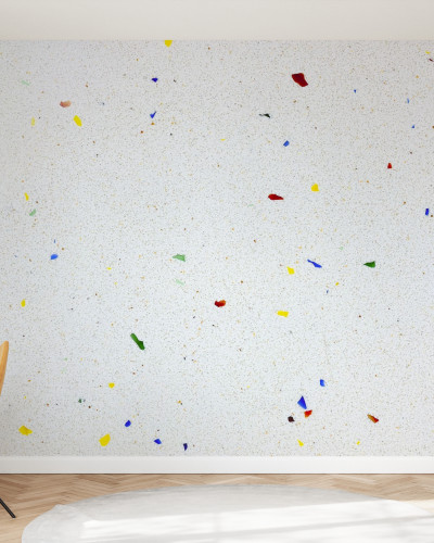 Fototapet cu design Multi Color Terrazzo, cu o bază albă și accente de culoare vibrante.