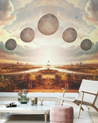 Tapet Vanishing Point, cu un cer plin de nori și planete plutitoare peste un peisaj vast. Tapetul este perfect pentru a decora livingul sau dormitorul.