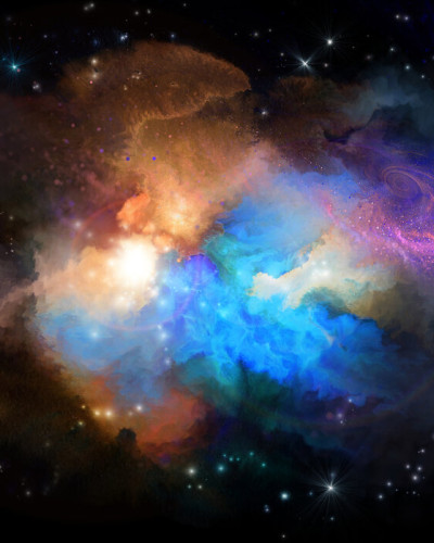 Multicolored Nebula wallpaper, featuring a vibrant nebula with swirling clouds of gas and dust, illuminated by stars of various sizes and colors, in a living room setting.