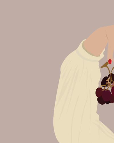 Fototapet minimalist cu un mănunchi de struguri și o gură ce degustă o boabă de strugure.