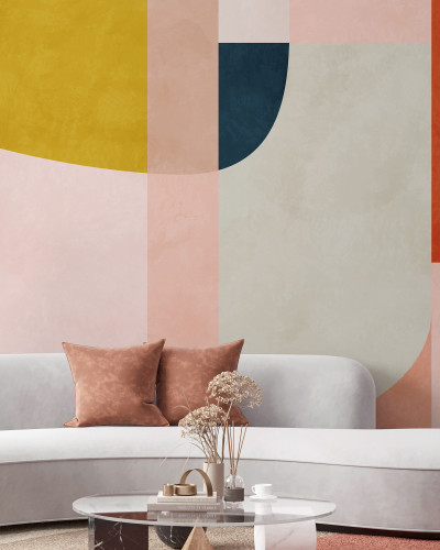 Tapet geometric modern cu cercuri si forme geometrice, in culori vibrante de roz, verde, galben, albastru si portocaliu. Perfect pentru living, dormitor, birou sau hol.