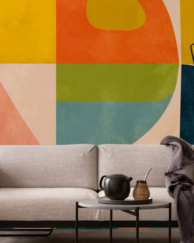 Wallpaper cu design geometric minimalist, cu culori calde și forme simple.