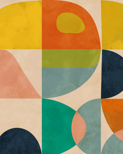 Wallpaper cu design geometric minimalist, cu culori calde și forme simple.