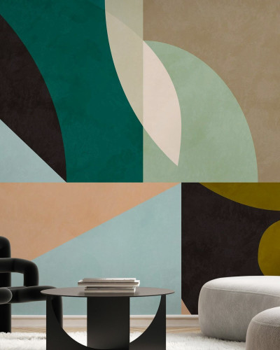 Tapet geometric abstract cu cercuri in nuante de bej, verde, maro si negru