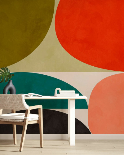 Tapet modern cu design geometric vibrant, cu cercuri de culori calde
