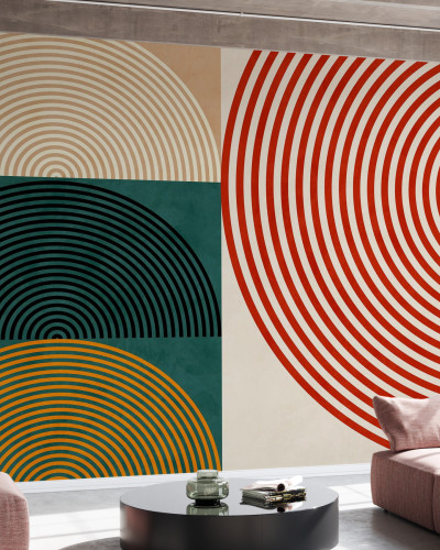 Tapet abstract modern cu cercuri concentrice în culori vibrante. Ideal pentru living, dormitor sau birou.