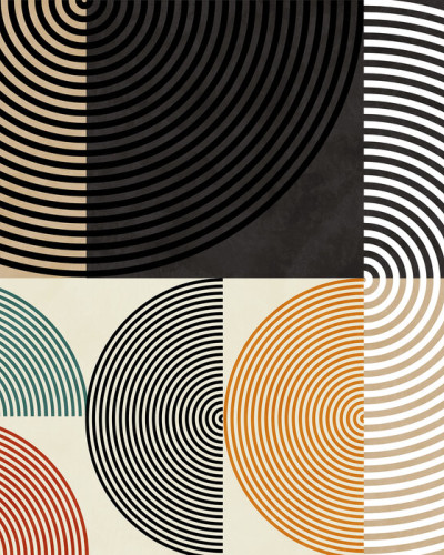 Tapet Circles Mid Century XIII, cu design geometric abstract, in culori vibrante, aplicat intr-un living cu o masa si scaune din lemn,  in tonuri neutre.