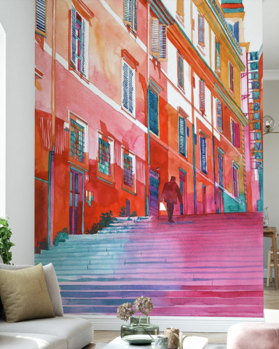 Imagine cu un tapet de perete care prezintă o vedere artistică a unor străzi înguste din Roma.