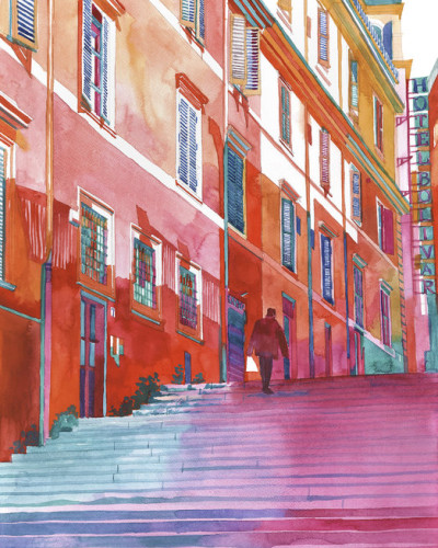Imagine cu un tapet de perete care prezintă o vedere artistică a unor străzi înguste din Roma.