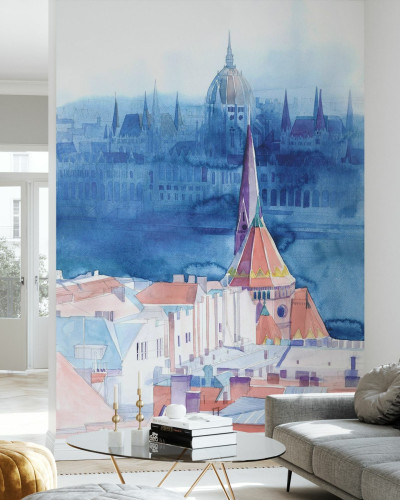 Tapet perete Morning in Budapest cu design acuarela, prezentând orașul Budapesta