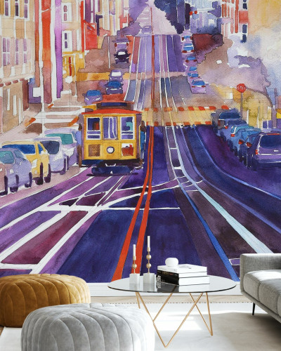 Tapet cu o priveliște vibrantă a orașului San Francisco, cu tramvaiul iconic, mașini și clădiri colorate, într-un stil pictural watercolor.