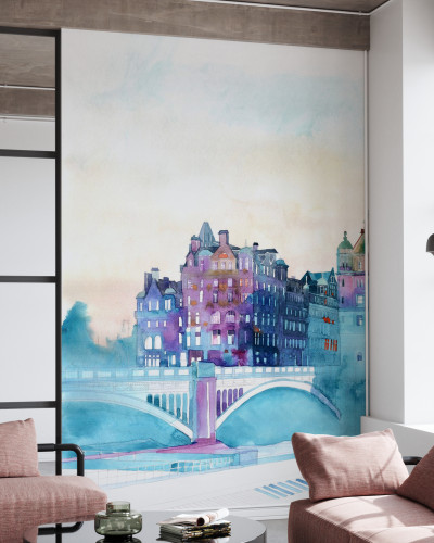 Tapet cu imagine a orasului Edinburgh in timpul iernii, cu culori pastelate si o atmosfera relaxanta, perfect pentru living, dormitor sau orice alt spatiu pe care vrei sa-l personalizezi.