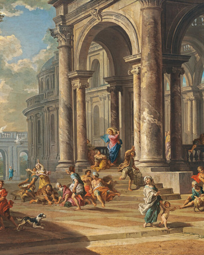 A wallpaper depicting the Cleansing of the Temple by Gian Paolo Panini