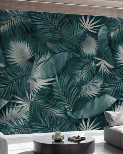 Tapet cu frunze tropicale verzi, ideal pentru un design interior modern și exotic