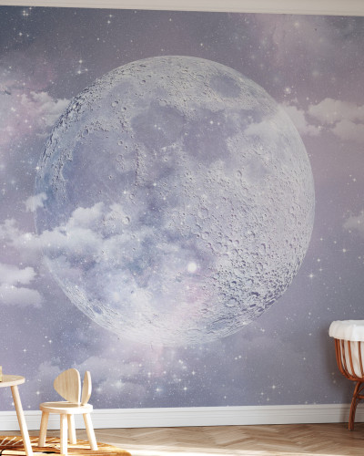 Tapet cu lună plină, nori pufoși și stele strălucitoare