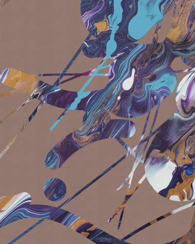 Tapet abstract modern cu culori vibrante, cu nuanțe de auriu, albastru, purpuriu și alb.