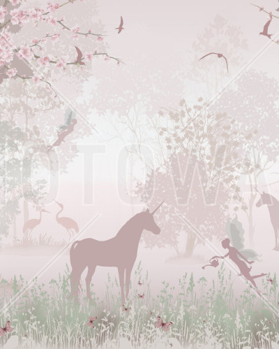 Fototapet cu unicorni și zâne într-o cameră de copii decorată