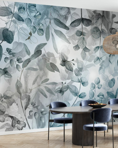 Tapet cu design modern, Misty Dark Green Leafs, cu frunze in nuante de verde si gri, montat intr-un living