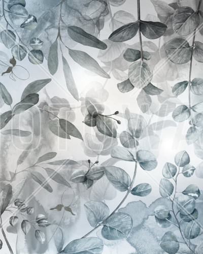 Tapet cu design modern, Misty Dark Green Leafs, cu frunze in nuante de verde si gri, montat intr-un living