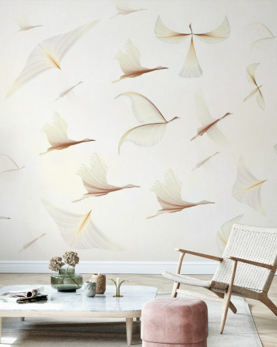 Dreamy Birds tapet cu păsări delicate în nuanțe de bej și maro