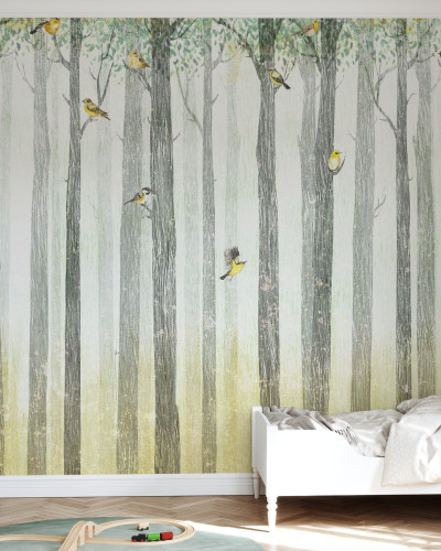 Tapet cu păsări în copaci, design minimalist cu culori pastelate