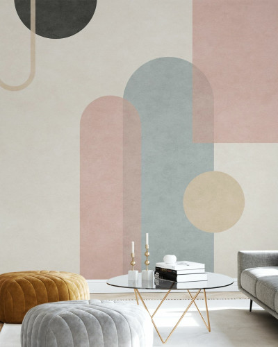 Tapet cu design geometric modern, forme abstracte, tonuri pastelate, pentru decorul livingului, dormitorului sau biroului.
