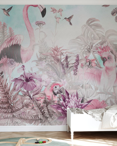 Tapet cu flamingo roz, papagal roz si flori exotice