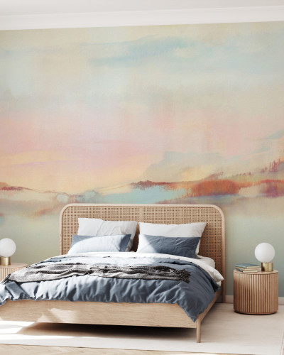 Imagine cu un tapet cu un design minimalist, pictat în nuanțe pastelate de roz și albastru, aplicat pe un perete din dormitor.