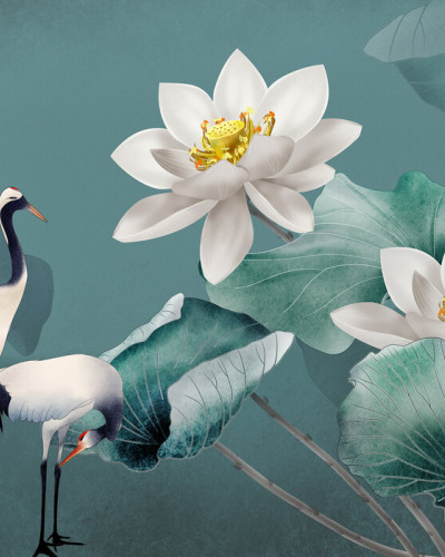 Wallpaper floral asiatic cu flori de lotus albe și cocori pe un fundal verde smarald