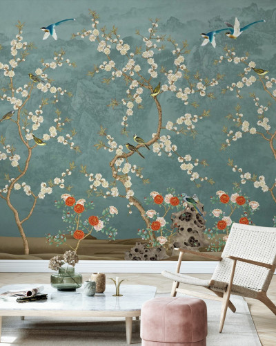 Tapet Chinoiserie Garden cu flori albe si pasari albastre pe un fundal albastru