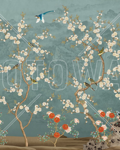 Tapet Chinoiserie Garden cu flori albe si pasari albastre pe un fundal albastru