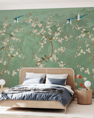 Tapet cu motive florale si pasari, Chinoiserie Garden, Emerald