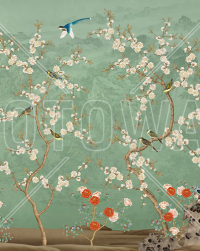 Tapet cu motive florale si pasari, Chinoiserie Garden, Emerald