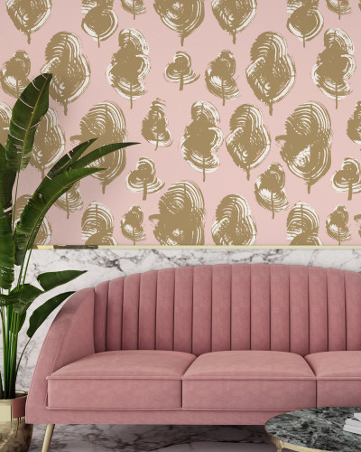 Leaves, Peach Caramel wallpaper, cu un design modern cu frunze in tonuri de piersica si caramel pe fundal roz pal
