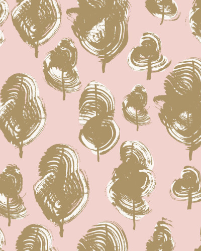 Leaves, Peach Caramel wallpaper, cu un design modern cu frunze in tonuri de piersica si caramel pe fundal roz pal