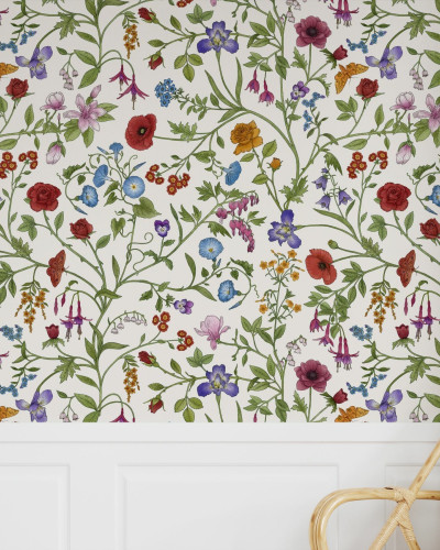 Tapet cu flori, Flora Pattern, White, Photowall, pe un perete alb, într-un decor elegant